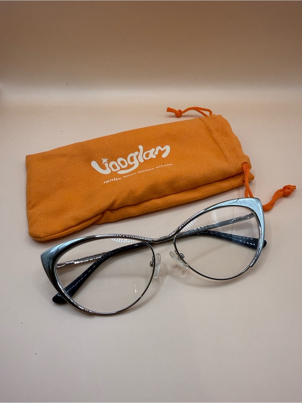 Vooglam Women's Silver Cat-Eye Eyeglasses with Orange Pouch, no prescription
